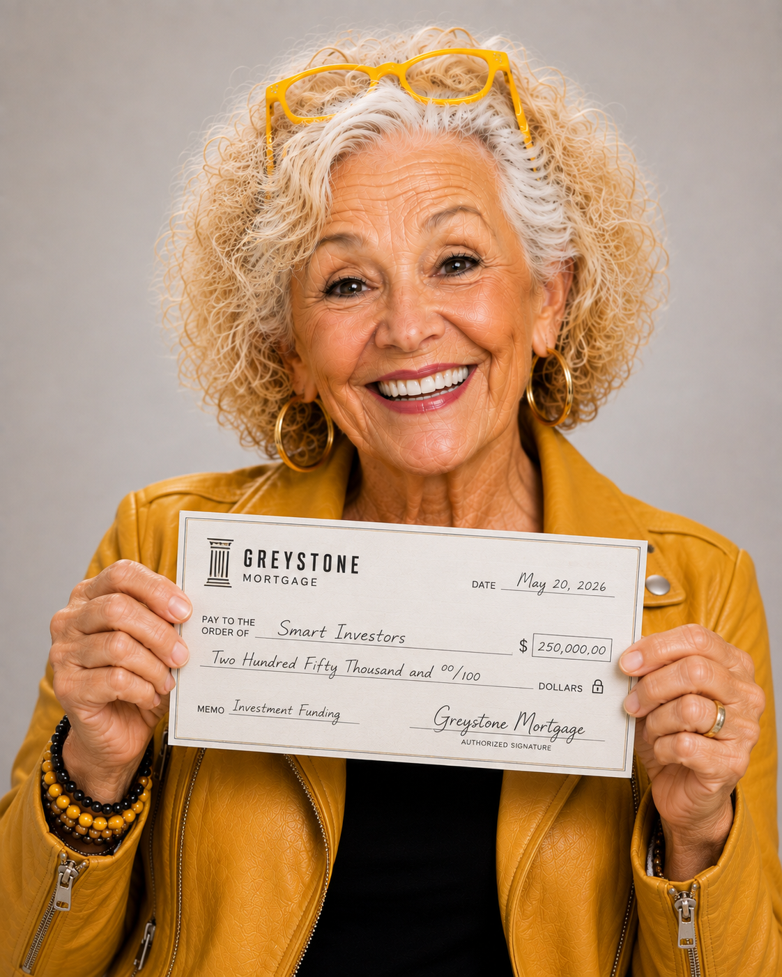 Gracie presenting a $250,000 Greystone Mortgage funding check to Smart Investors