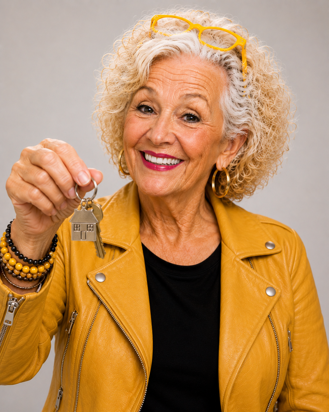 Gracie holding a set of house keys, smiling in her yellow leather jacket