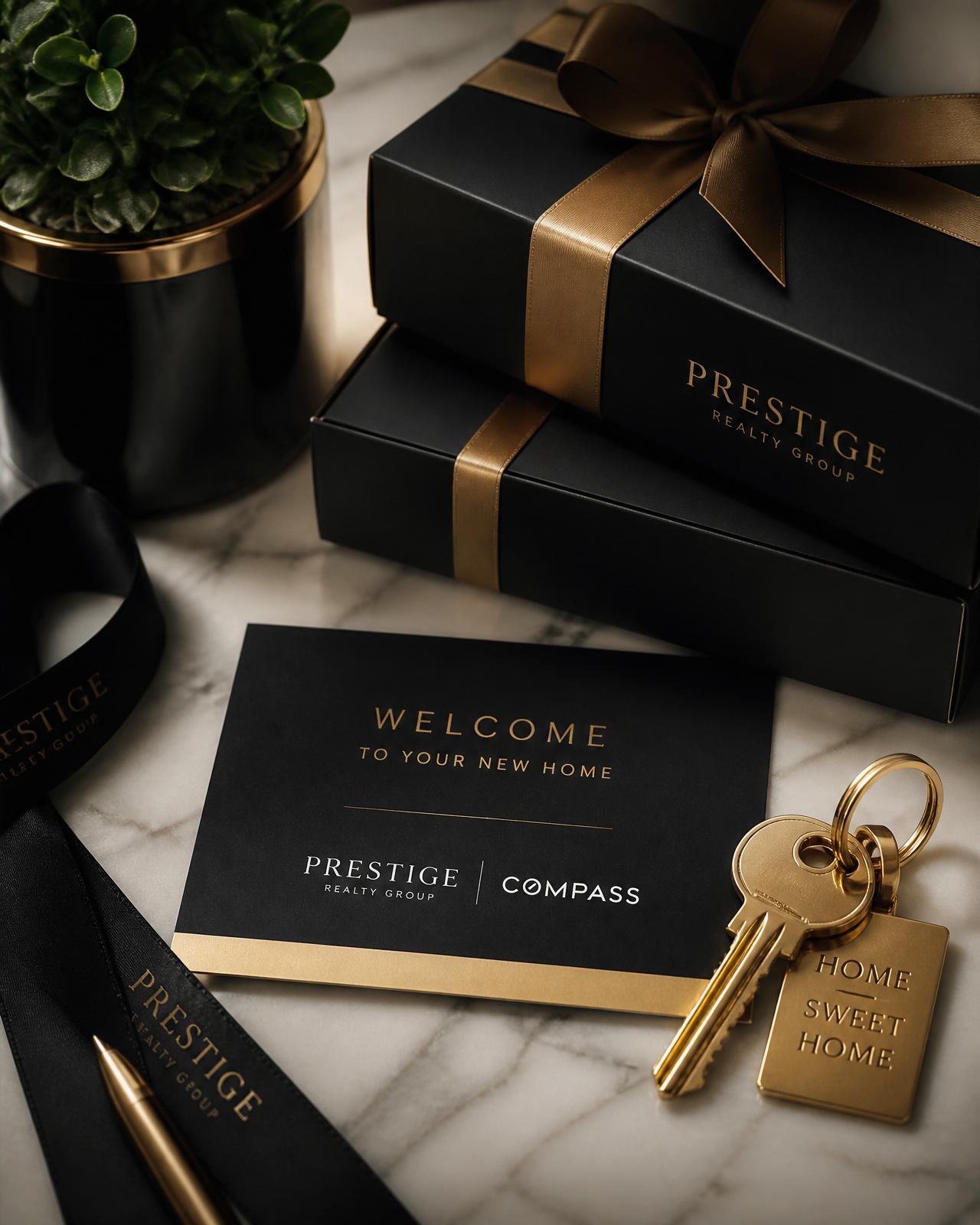 Co-branded luxury client appreciation gift boxes with gold ribbon and welcome card