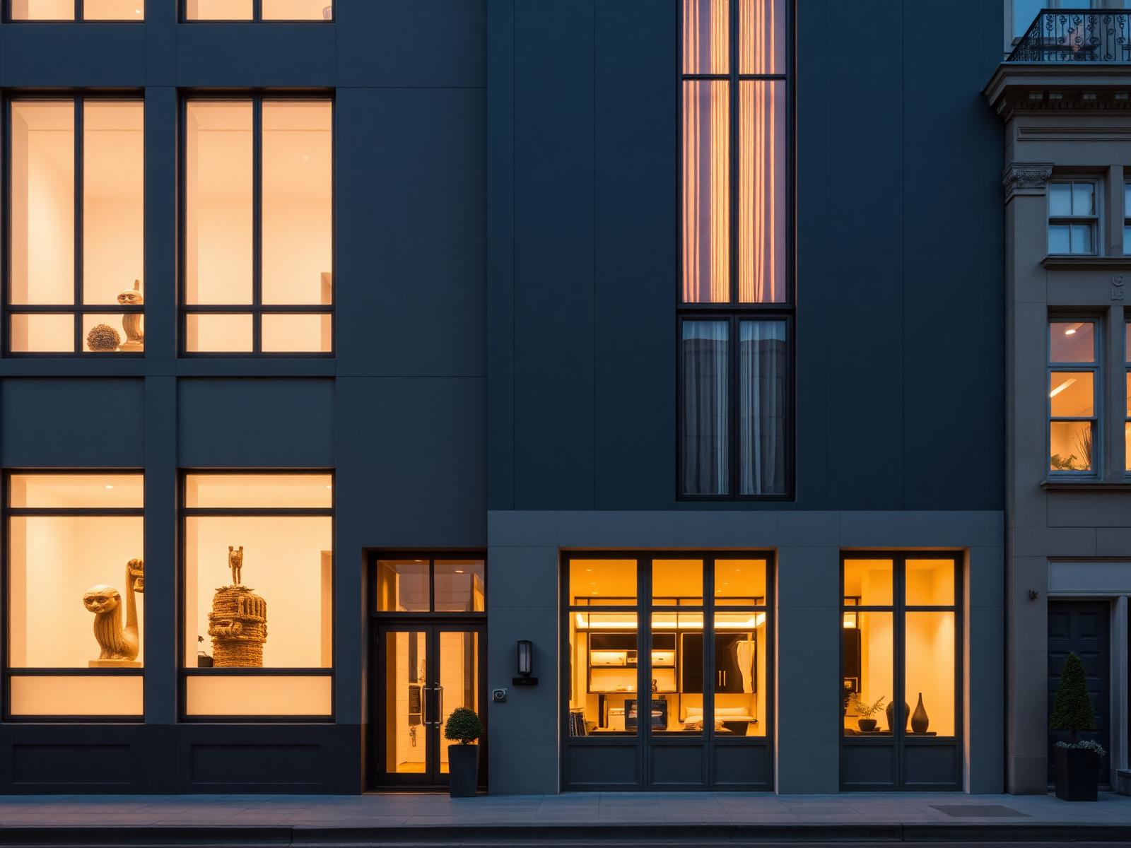 Boutique hotel facade at twilight